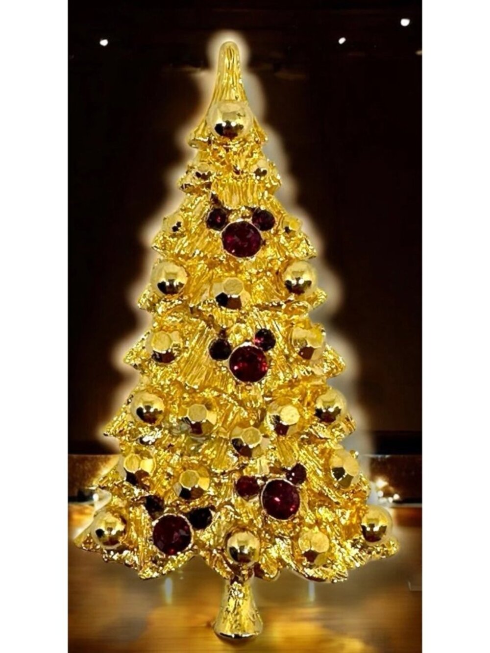 Vtg signed Disney Mickey Mouse Gold Christmas Tree Brooch Red crystal Rhinestone